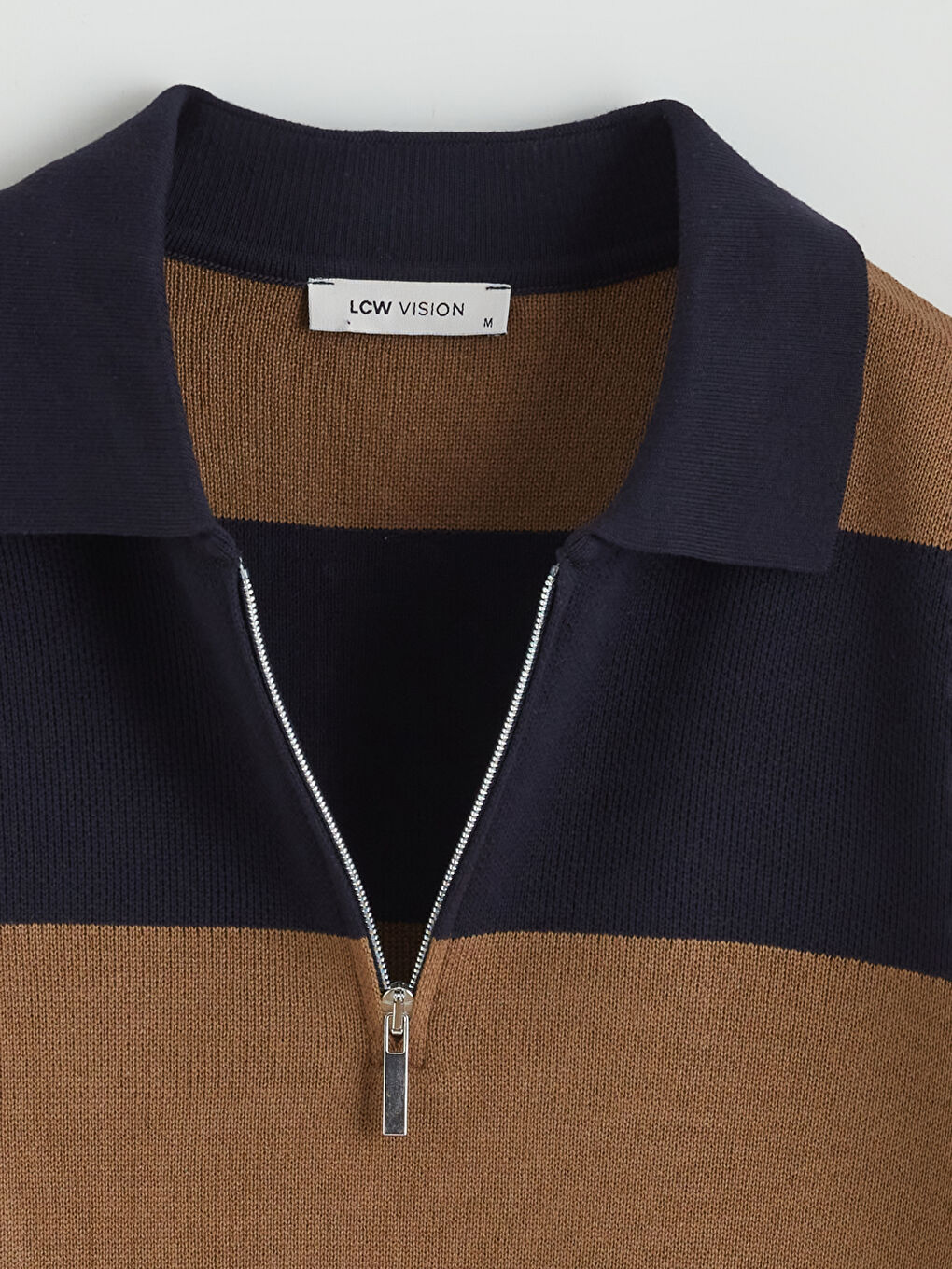 Kahverengi Polo Yaka Çizgili Erkek Triko Kazak-6