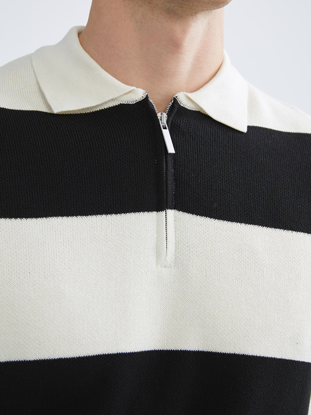 Siyah Polo Yaka Çizgili Erkek Triko Kazak-2