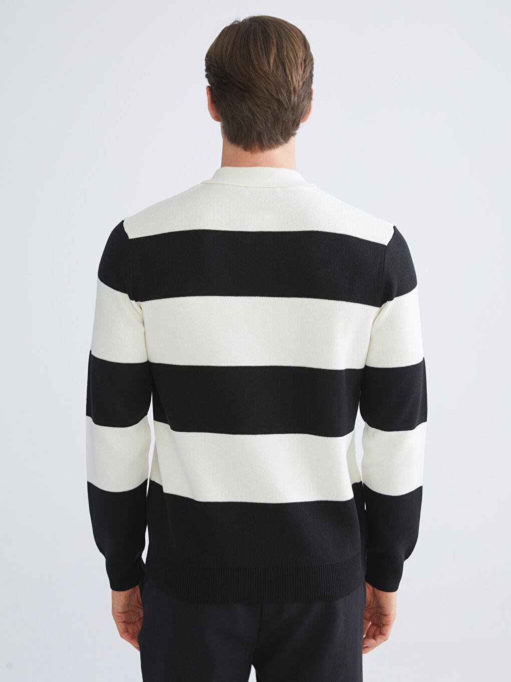 Siyah Polo Yaka Çizgili Erkek Triko Kazak-3