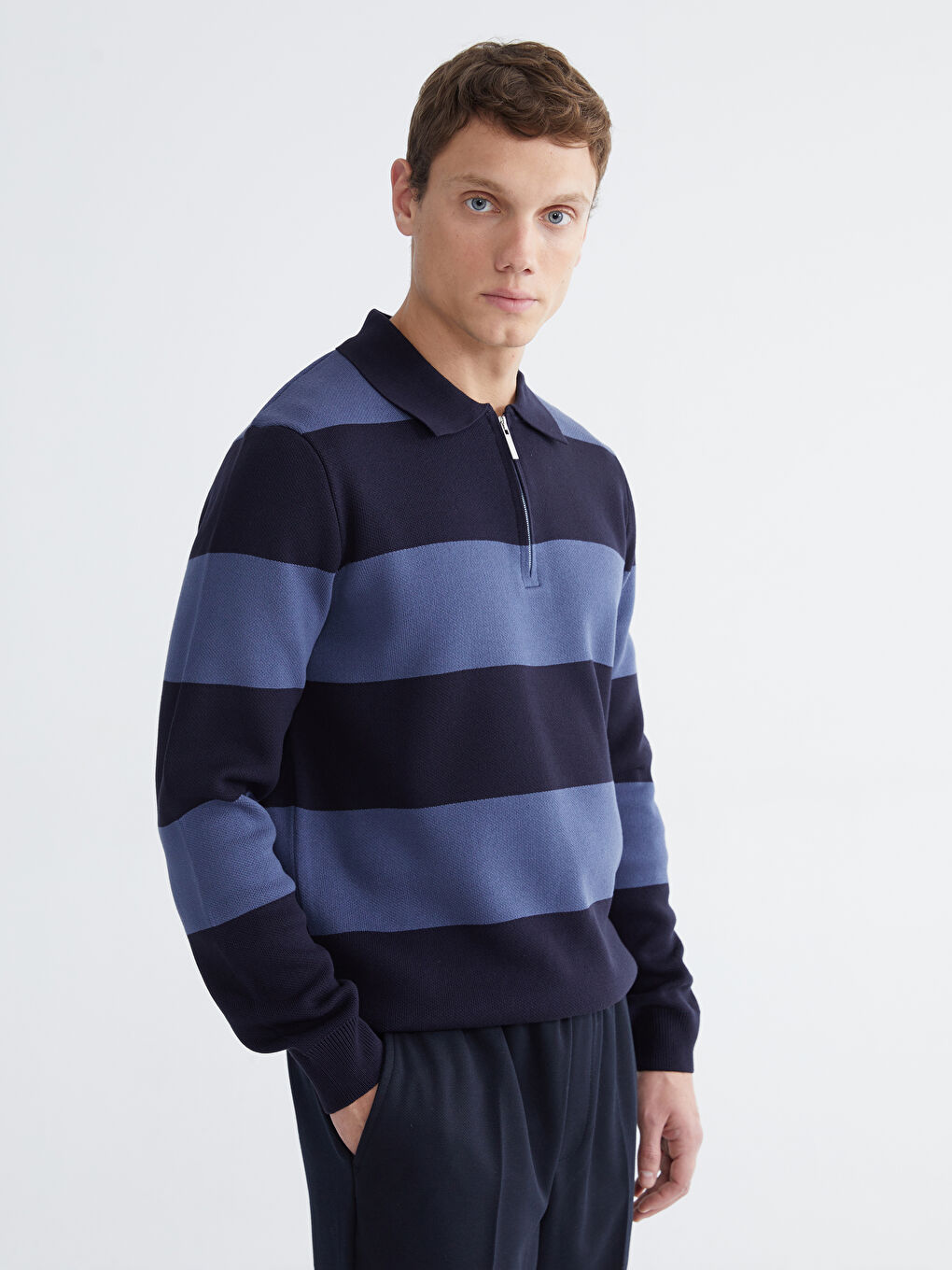 Lacivert Polo Yaka Çizgili Erkek Triko Kazak