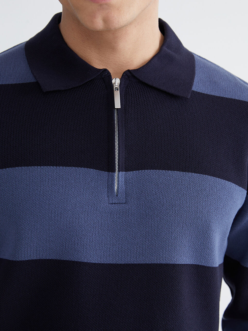 Lacivert Polo Yaka Çizgili Erkek Triko Kazak-2