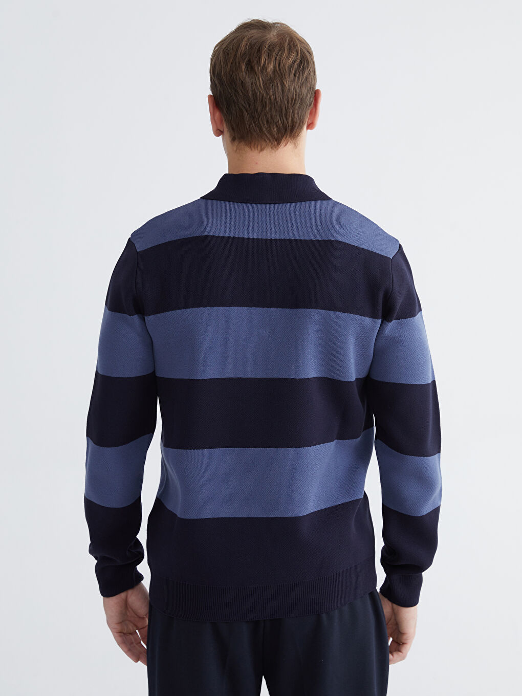 Lacivert Polo Yaka Çizgili Erkek Triko Kazak-3