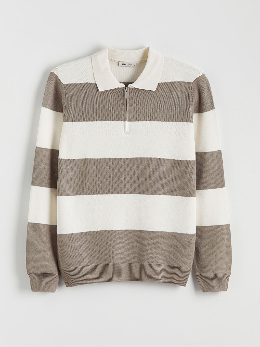 Kahverengi Polo Yaka Çizgili Erkek Triko Kazak-4