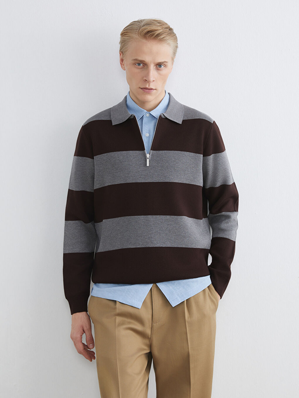 Kahverengi Polo Yaka Çizgili Erkek Triko Kazak-2