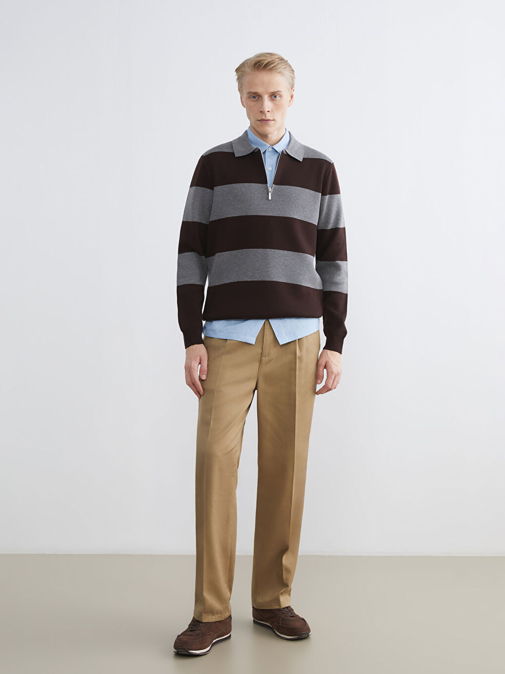 Kahverengi Polo Yaka Çizgili Erkek Triko Kazak-3