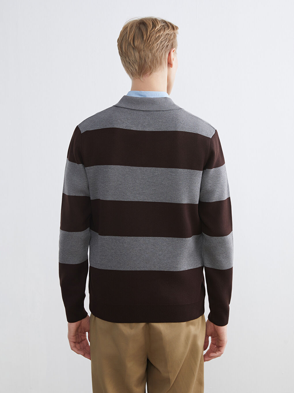 Kahverengi Polo Yaka Çizgili Erkek Triko Kazak-5