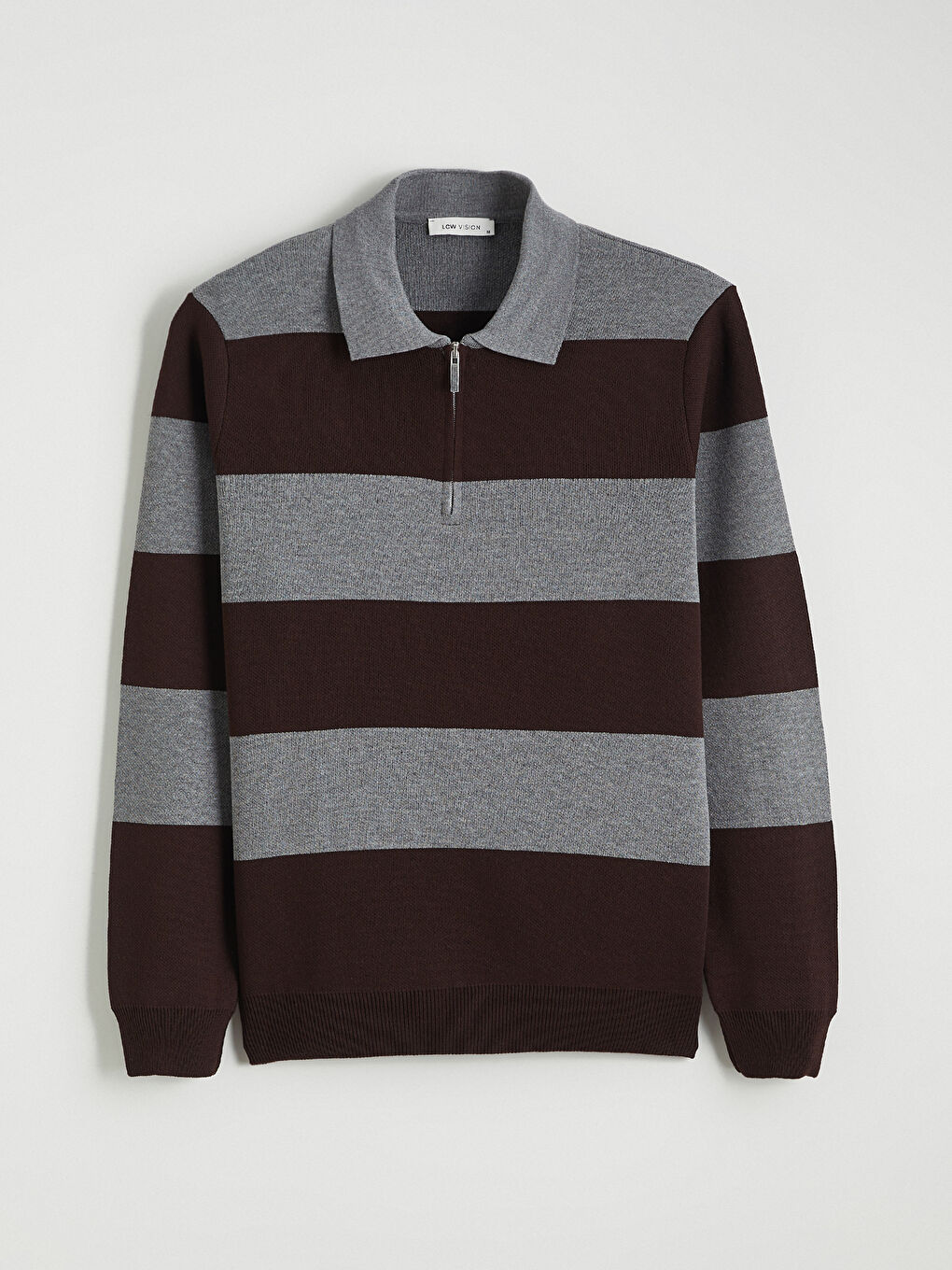 Kahverengi Polo Yaka Çizgili Erkek Triko Kazak-6