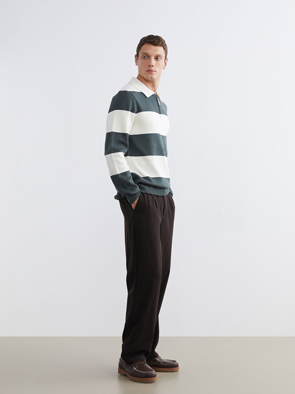 Yeşil Polo Yaka Çizgili Erkek Triko Kazak-1