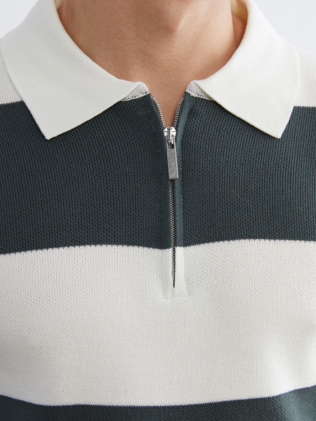 Yeşil Polo Yaka Çizgili Erkek Triko Kazak-2