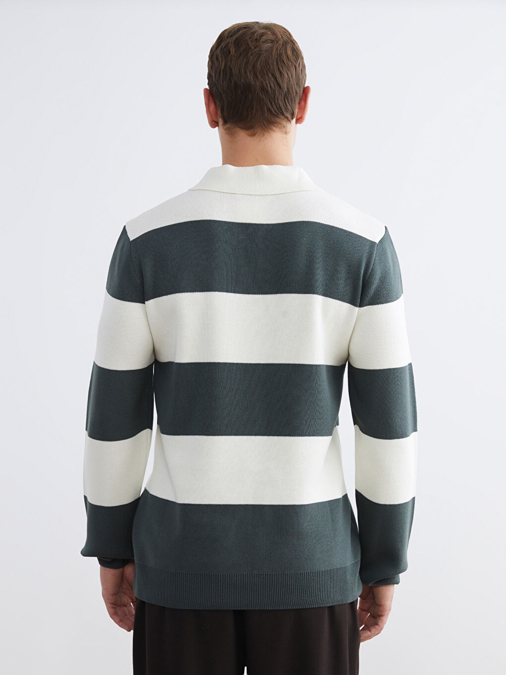 Yeşil Polo Yaka Çizgili Erkek Triko Kazak-3