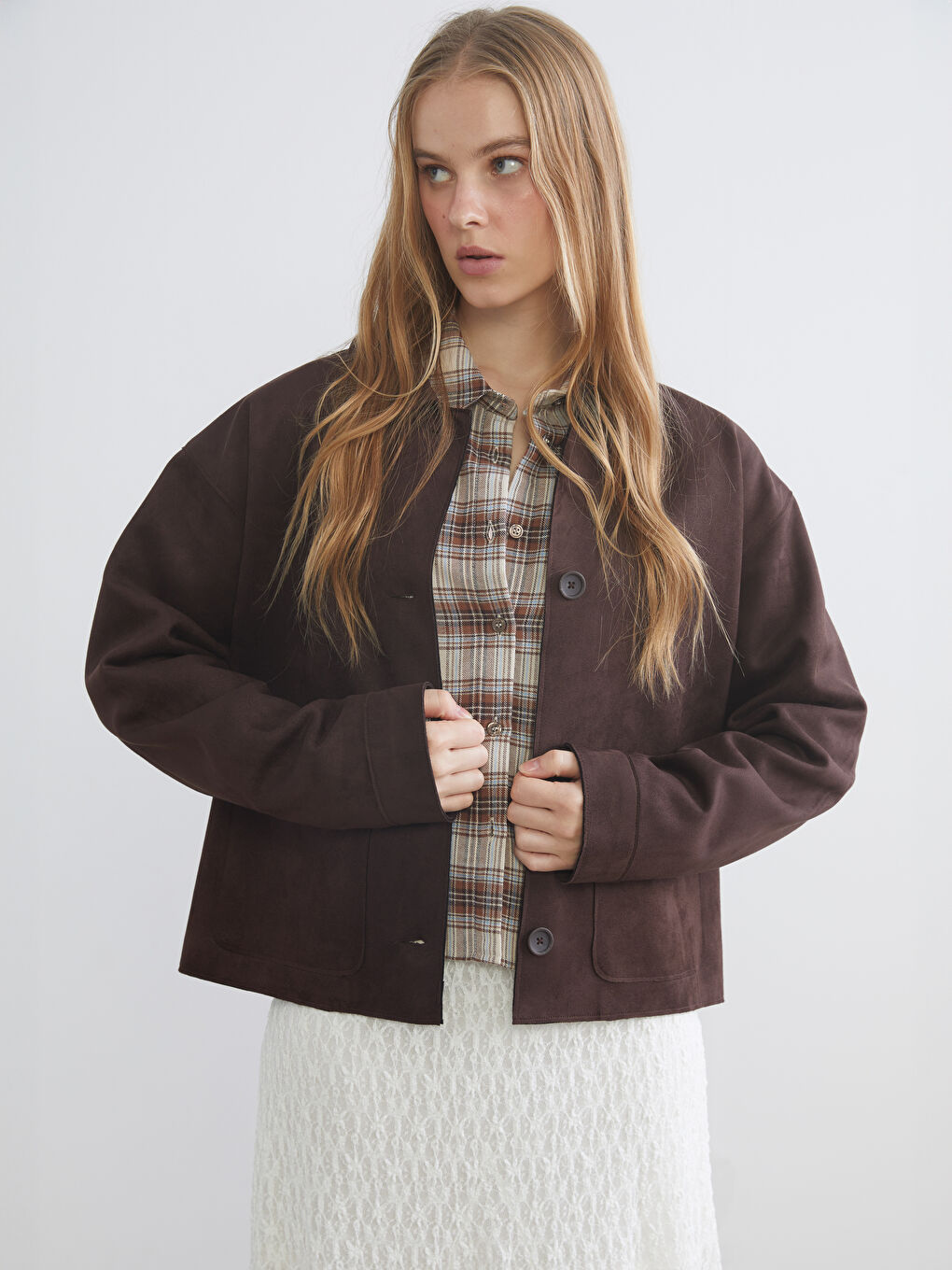 Kahverengi Kadın Süet Görünümlü Gömlek Ceket