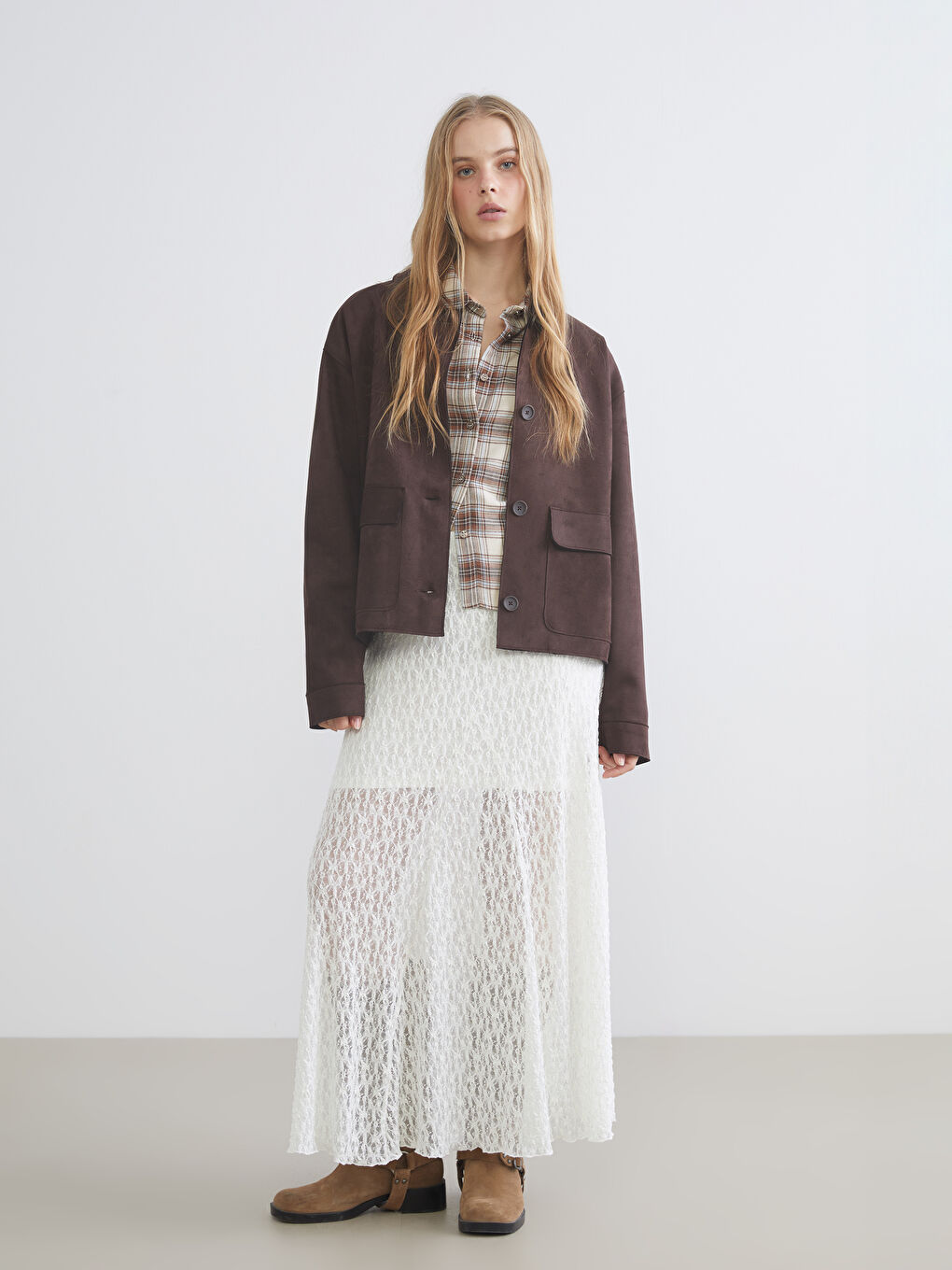 Kahverengi Kadın Süet Görünümlü Gömlek Ceket-1