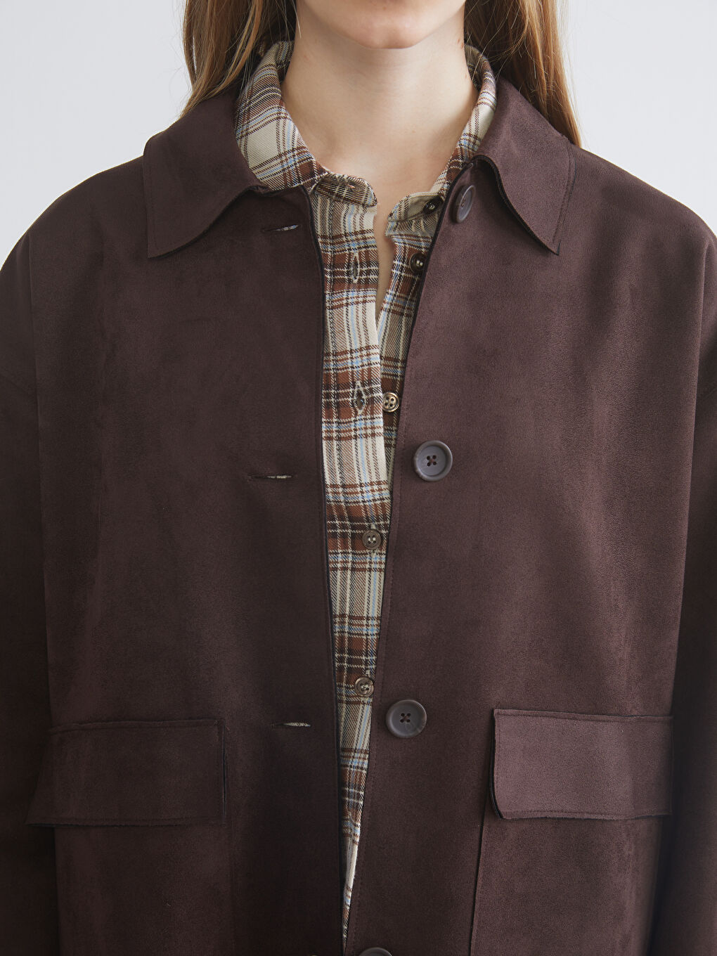 Kahverengi Kadın Süet Görünümlü Gömlek Ceket-2