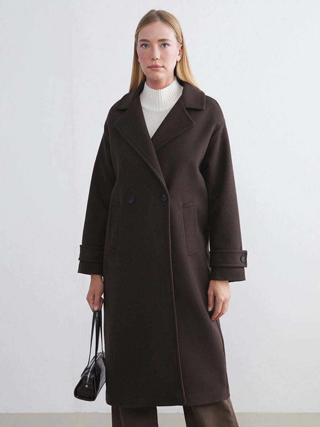 Kahverengi Ceket Yaka Kadın Kaşe Kaban