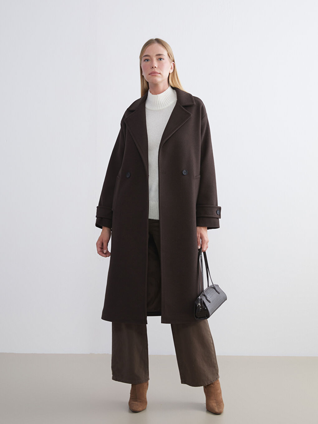 Kahverengi Ceket Yaka Kadın Kaşe Kaban-1