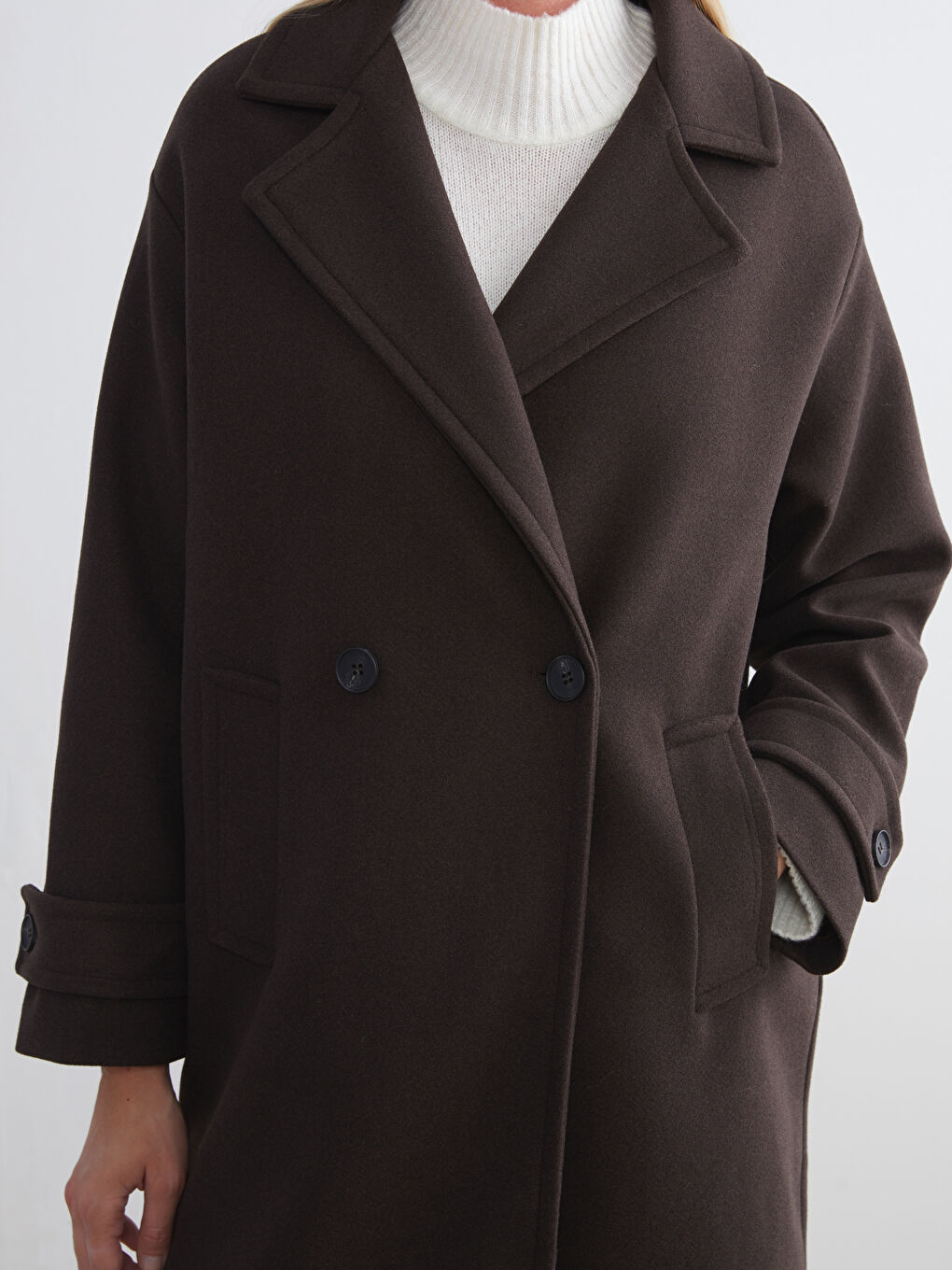 Kahverengi Ceket Yaka Kadın Kaşe Kaban-2