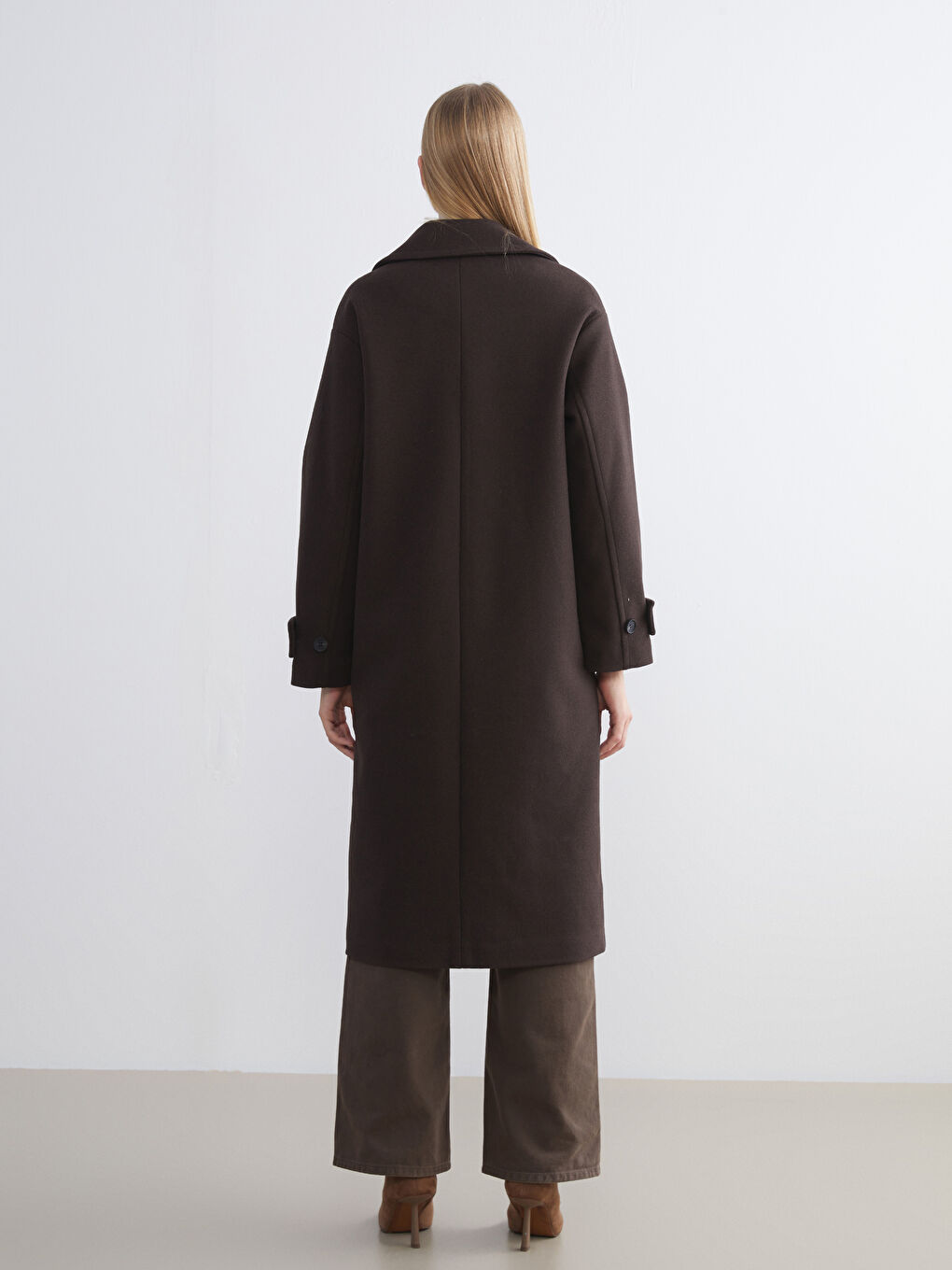 Kahverengi Ceket Yaka Kadın Kaşe Kaban-4