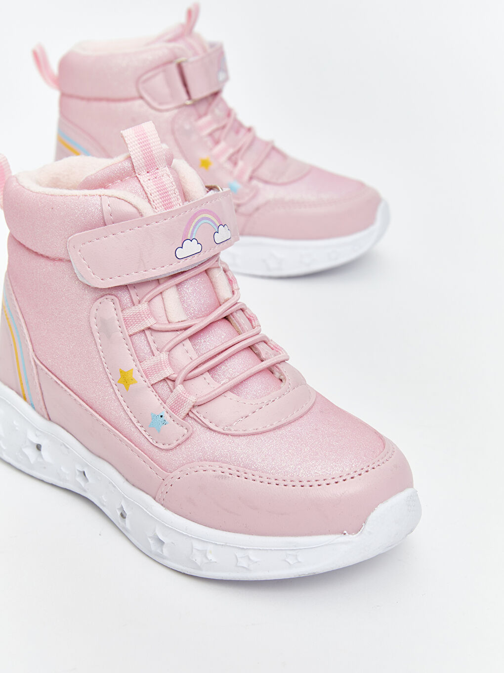 Pembe Bağcıklı ve Cırt Cırtlı Tabanı Işıklı Kız Bebek Bot-3