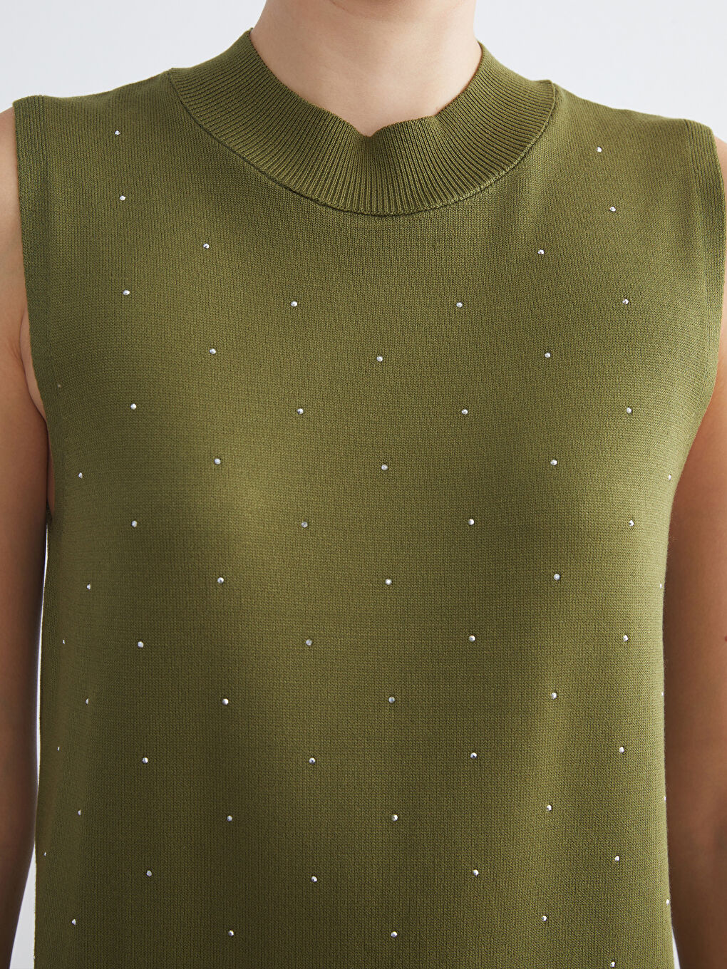 Yeşil Bisiklet Yaka Taşlı Kadın Triko Atlet-2