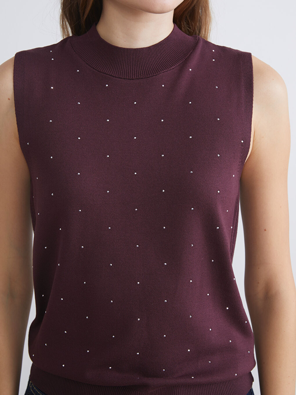 Bordo Bisiklet Yaka Taşlı Kadın Triko Atlet-2