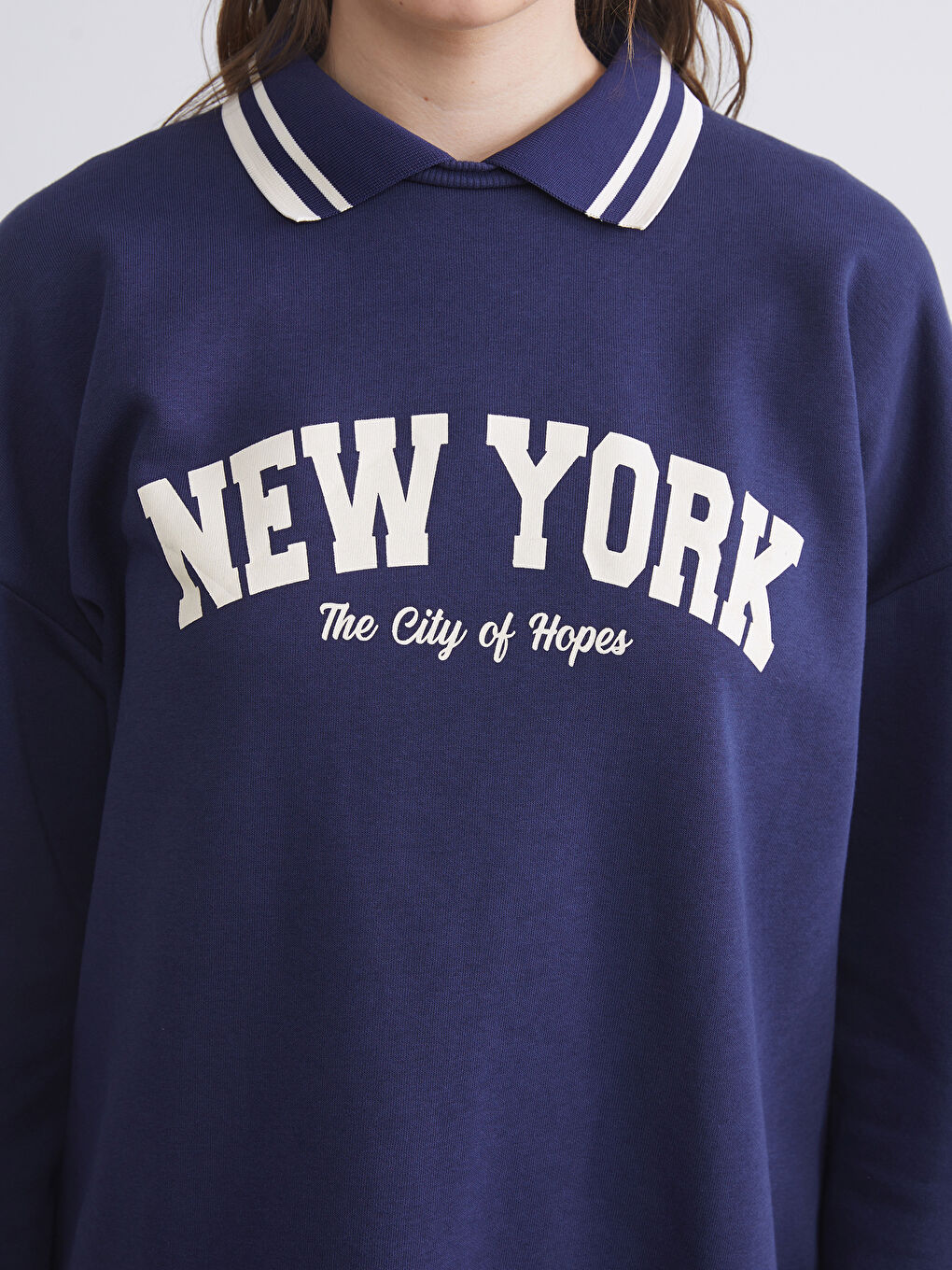 Lacivert Polo Yaka New York Baskılı Kadın Sweatshirt-3