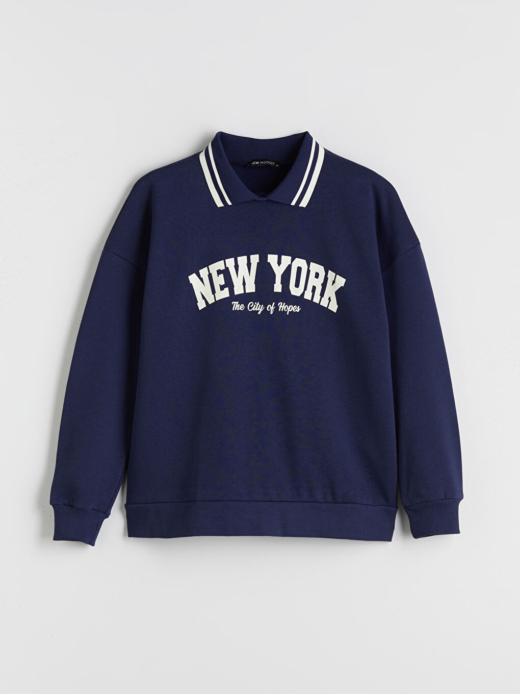 Lacivert Polo Yaka New York Baskılı Kadın Sweatshirt-5