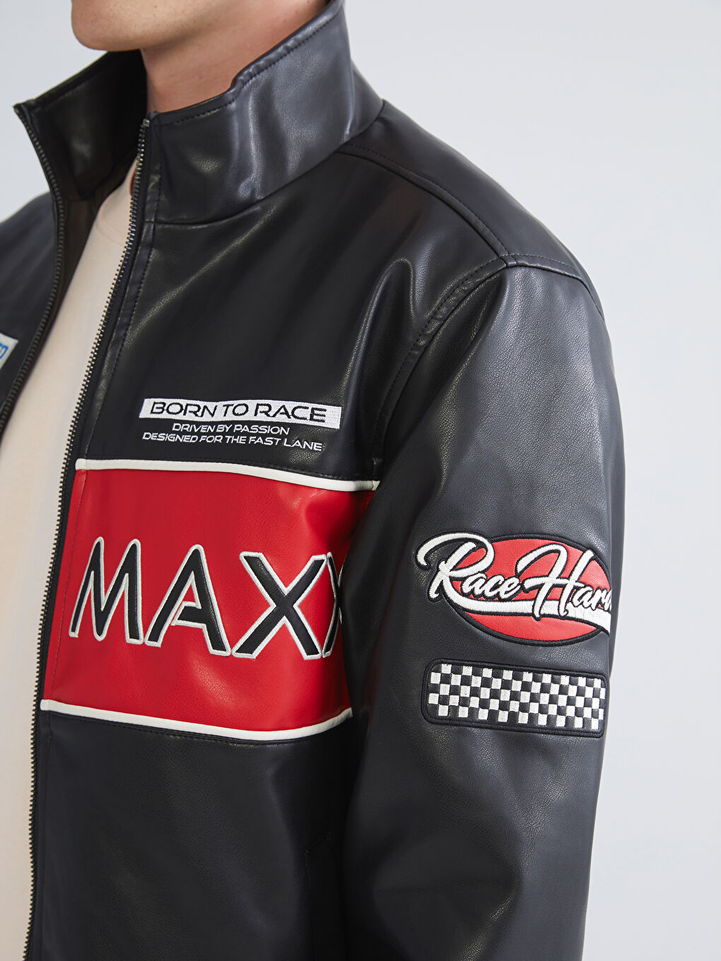 معطف جلدي صناعي أسود رجل-2