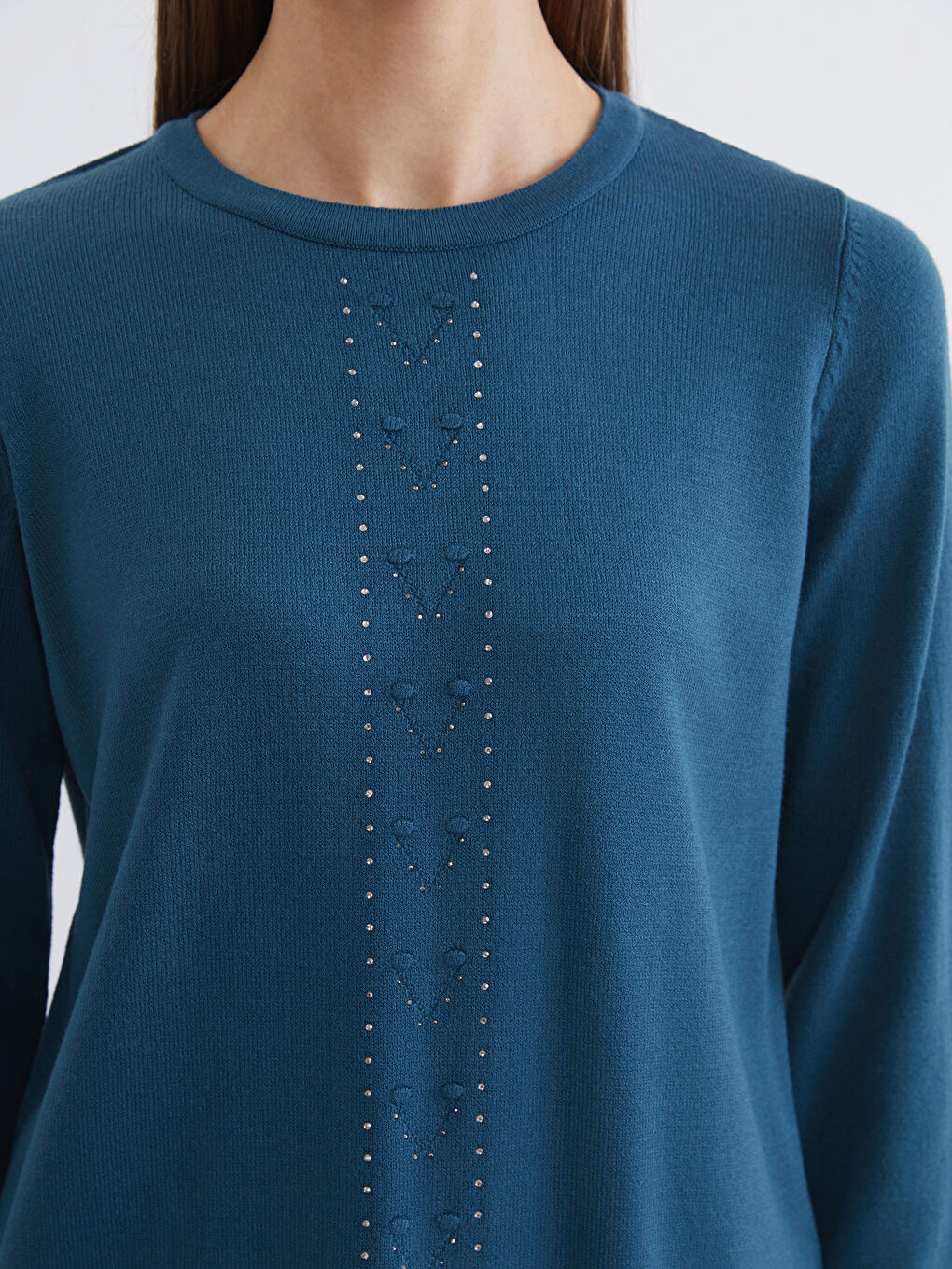 Petrol Bisiklet Yaka Taşlı Kadın Triko Kazak-2