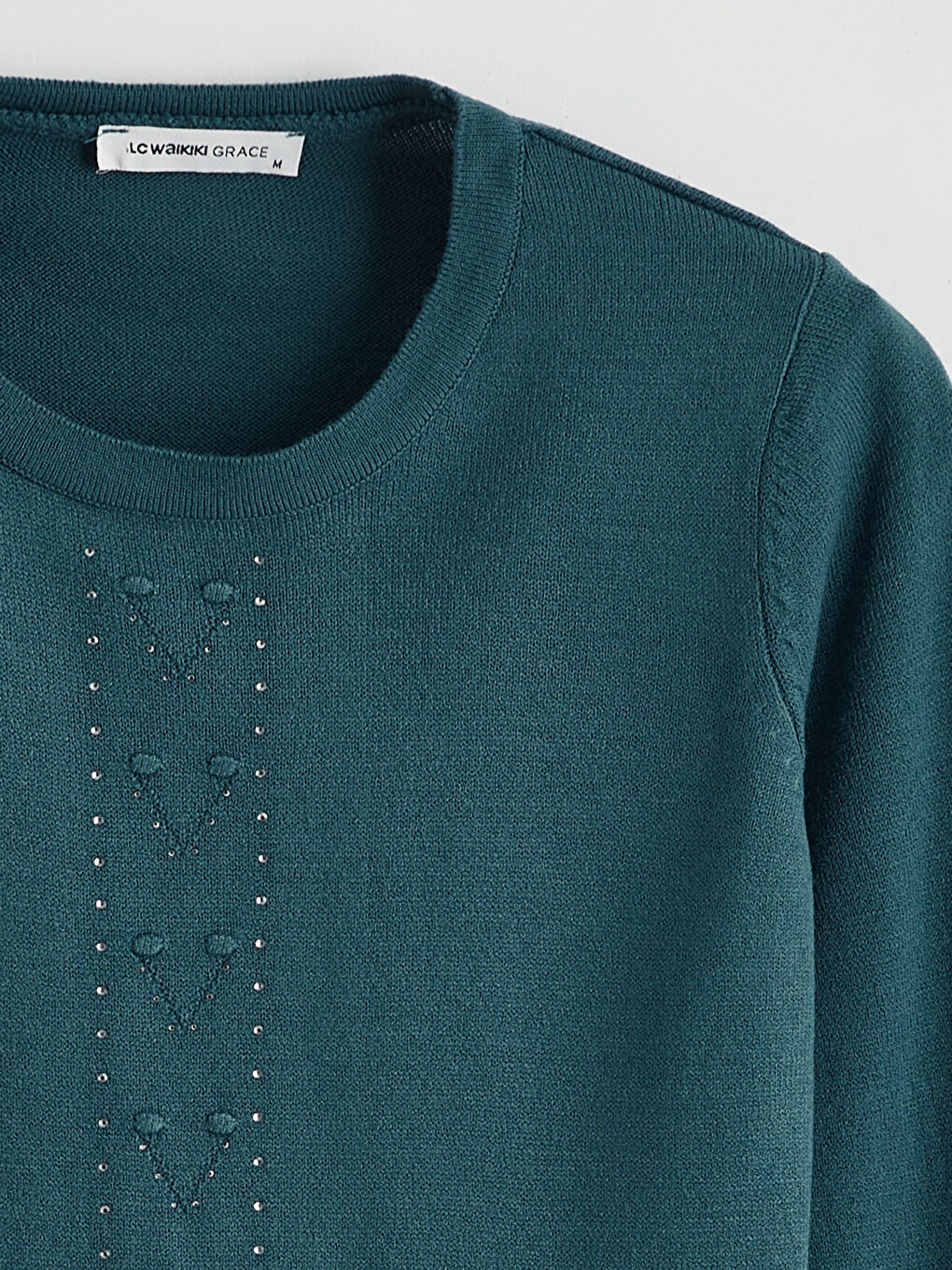 Petrol Bisiklet Yaka Taşlı Kadın Triko Kazak-5