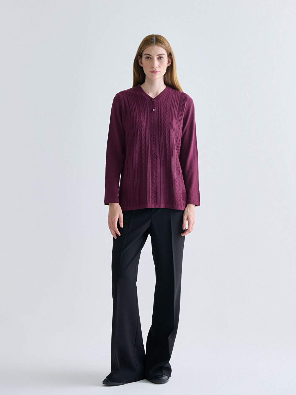 Bordo V Yaka Kendinden Desenli Kadın Triko Kazak-1