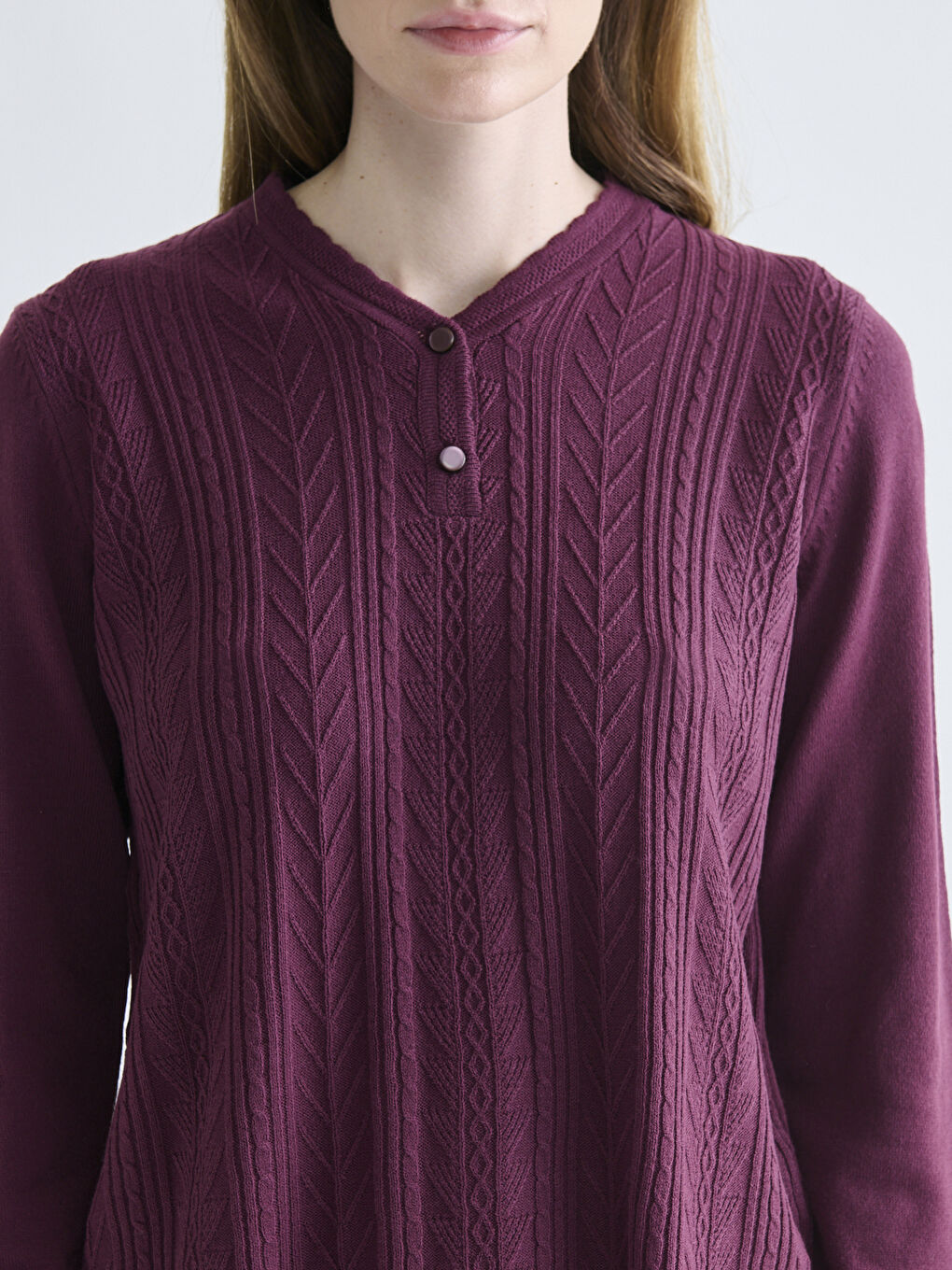 Bordo V Yaka Kendinden Desenli Kadın Triko Kazak-2