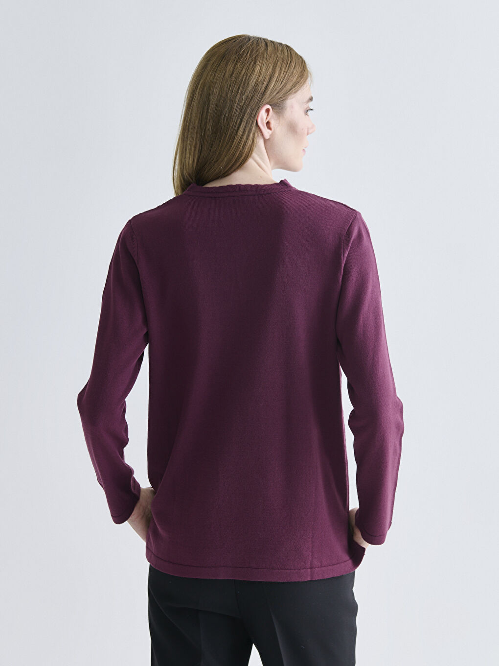 Bordo V Yaka Kendinden Desenli Kadın Triko Kazak-3