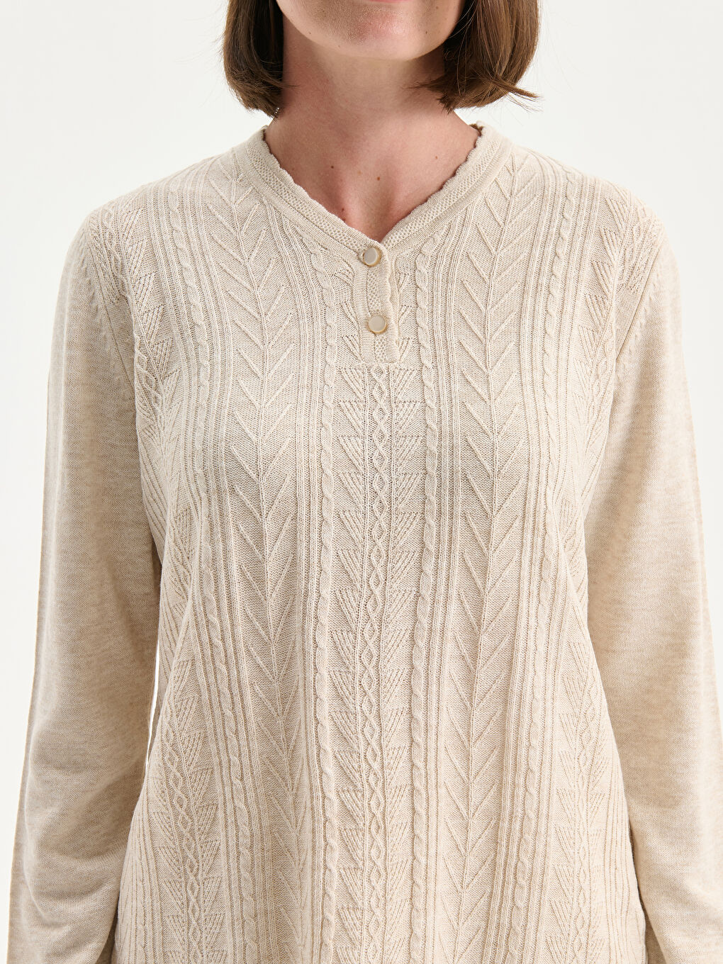 Bej V Yaka Kendinden Desenli Kadın Triko Kazak-2