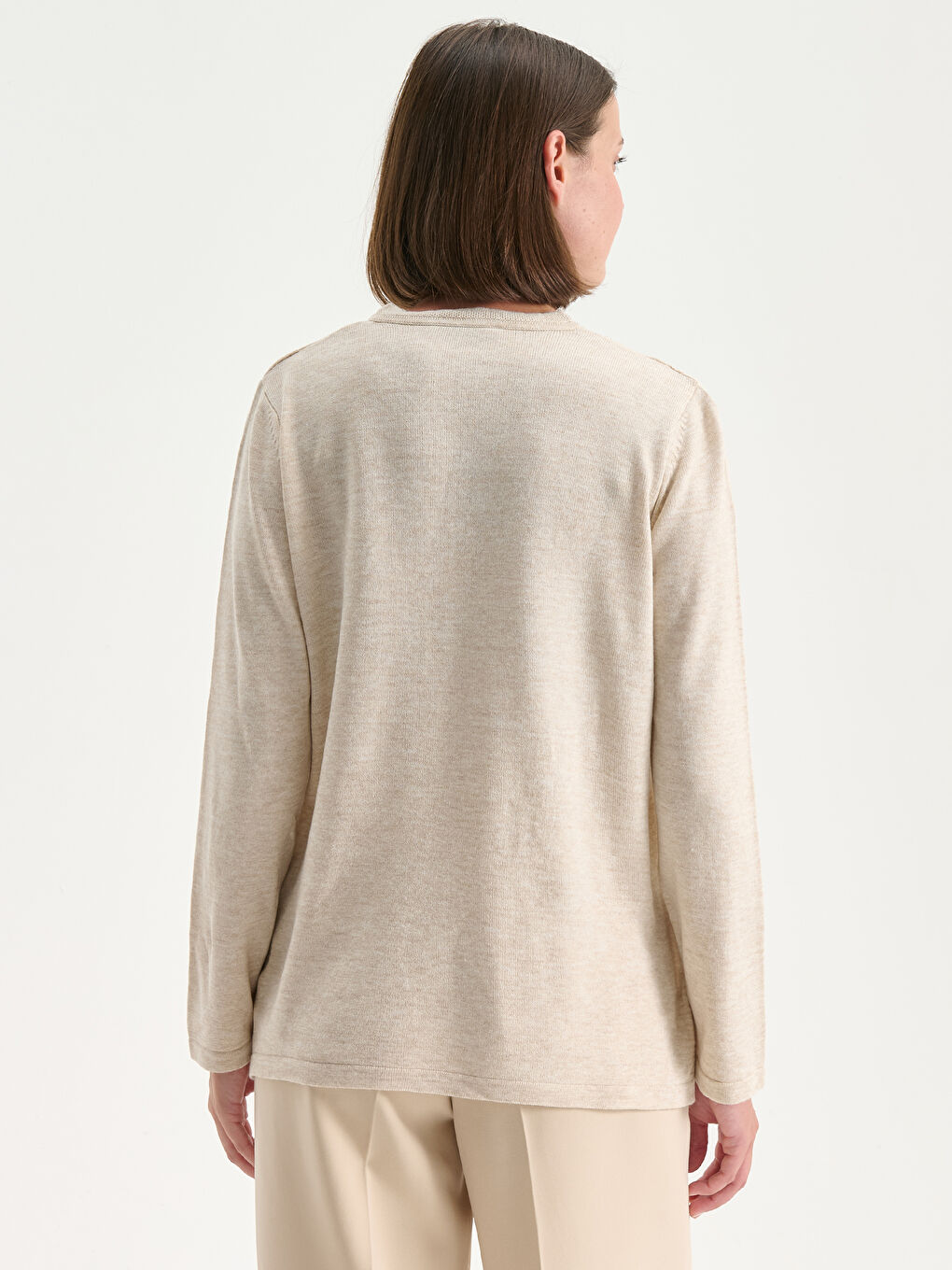 Bej V Yaka Kendinden Desenli Kadın Triko Kazak-3