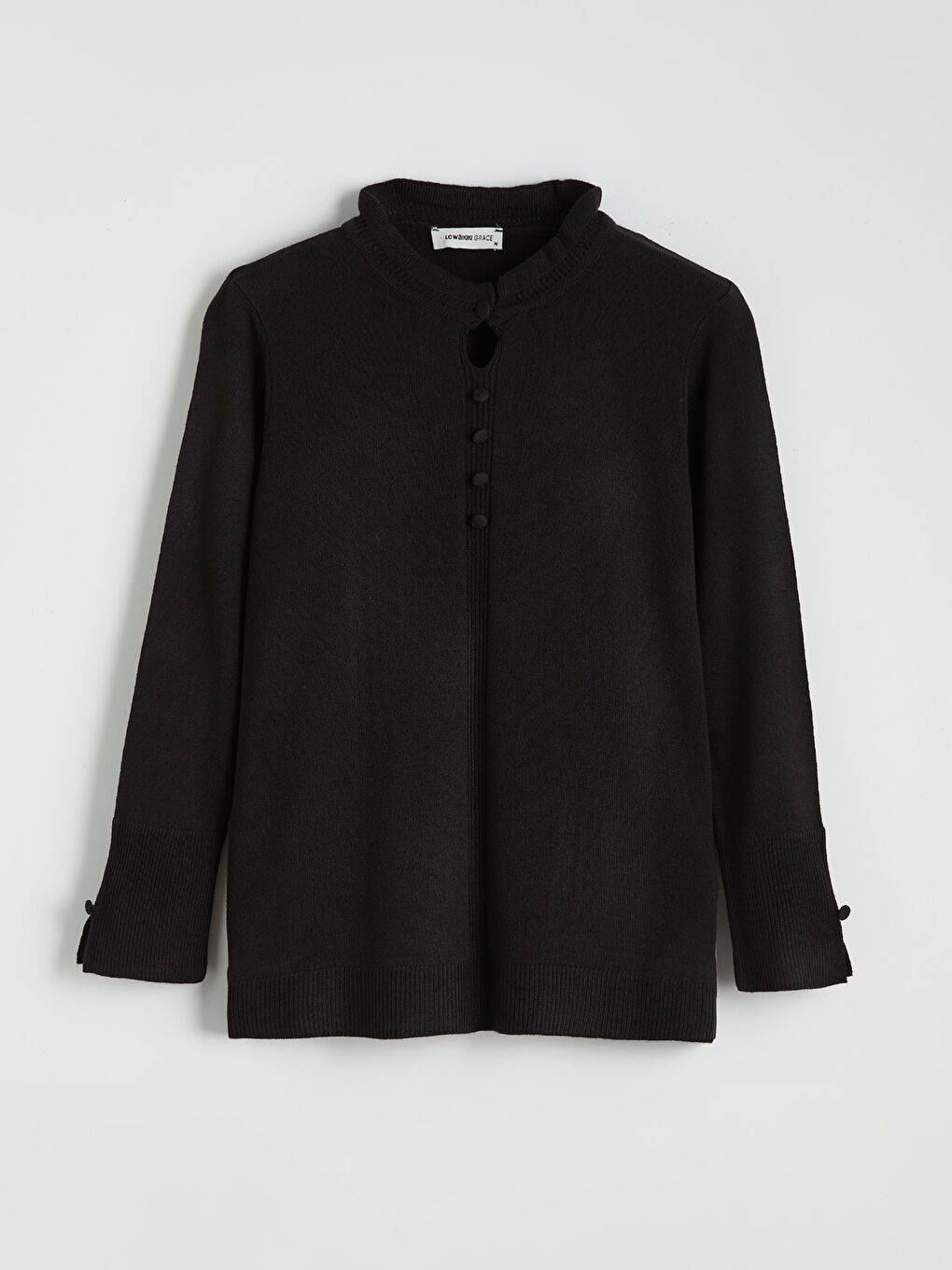 Siyah Fırfırlı Dik Yaka Kadın Triko Kazak