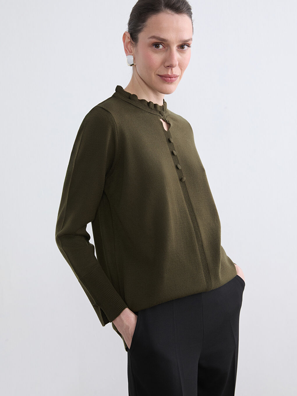 Ruffled Funnel Neck Women's Knitwear Sweater