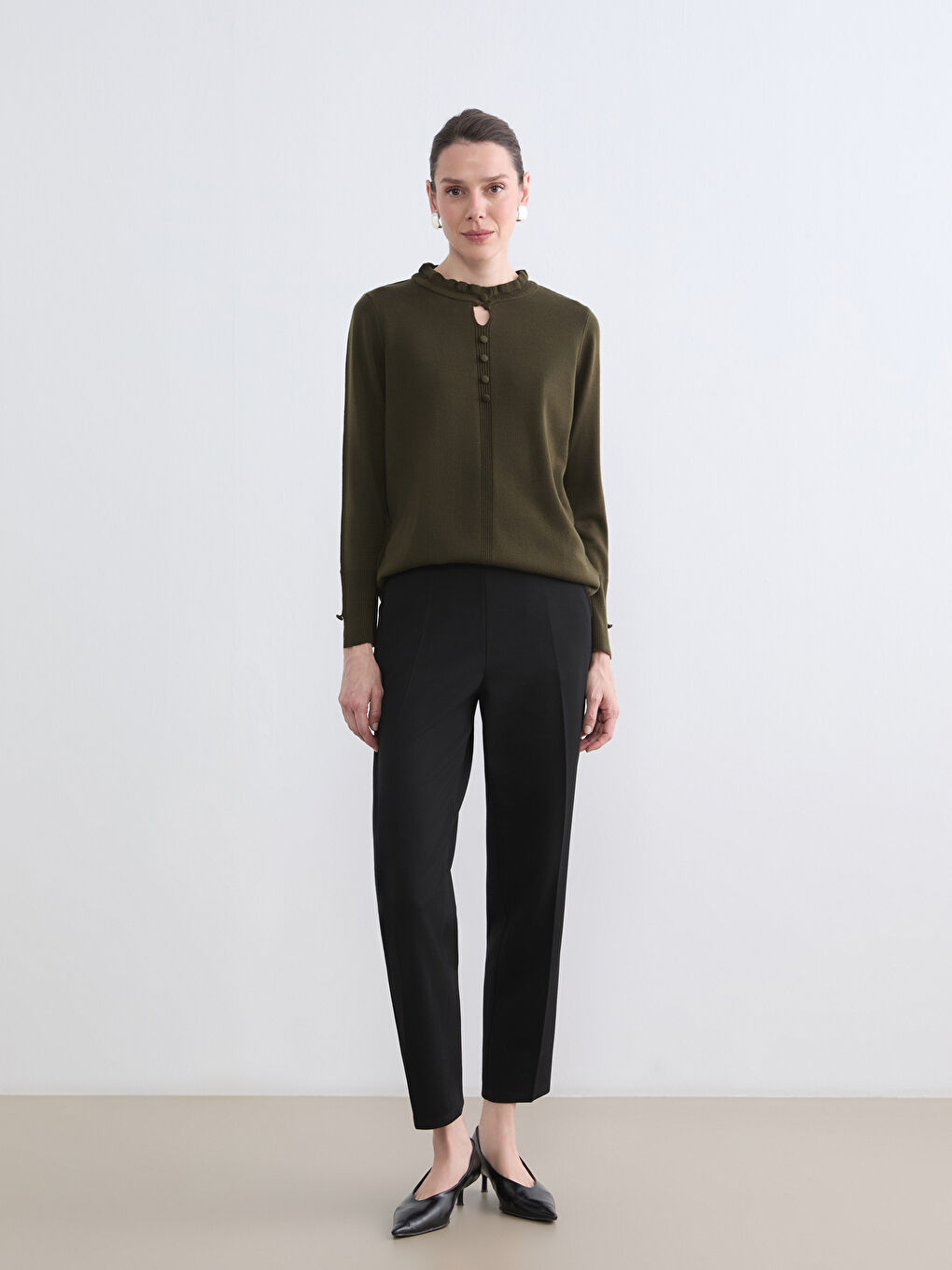 Ruffled Funnel Neck Women's Knitwear Sweater-1