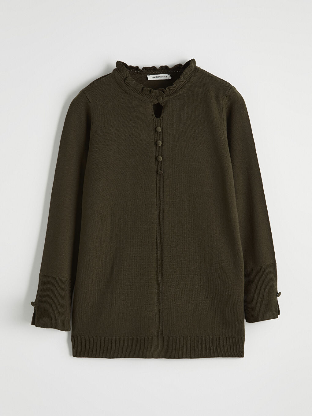 Haki Fırfırlı Dik Yaka Kadın Triko Kazak