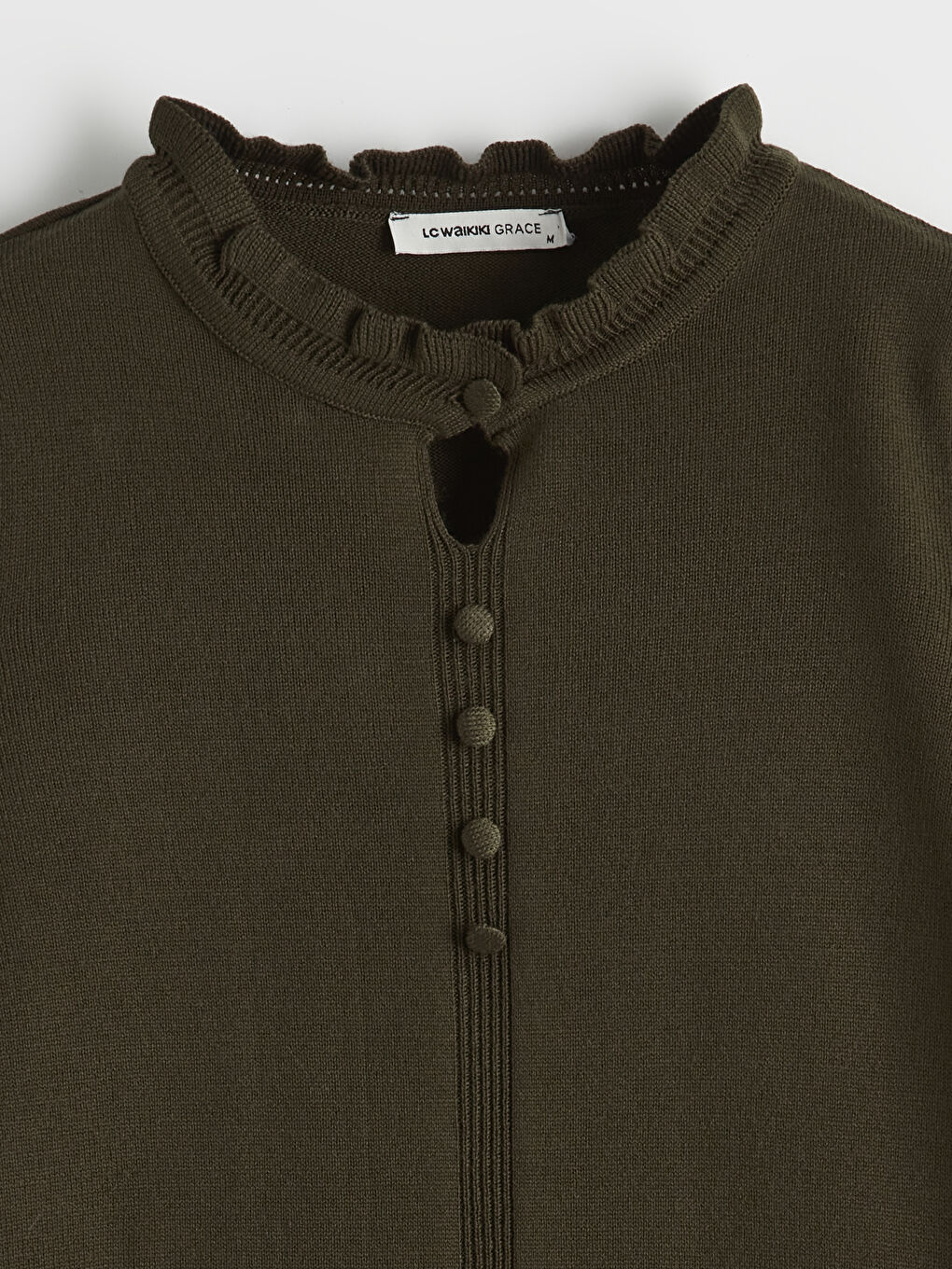 Haki Fırfırlı Dik Yaka Kadın Triko Kazak-1