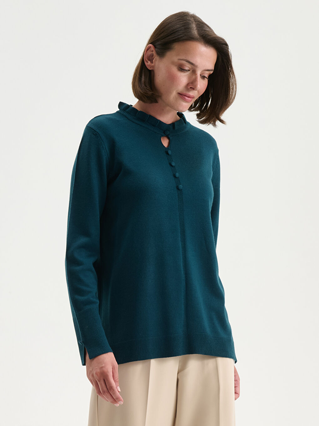 Ruffled Funnel Neck Women's Knitwear Sweater