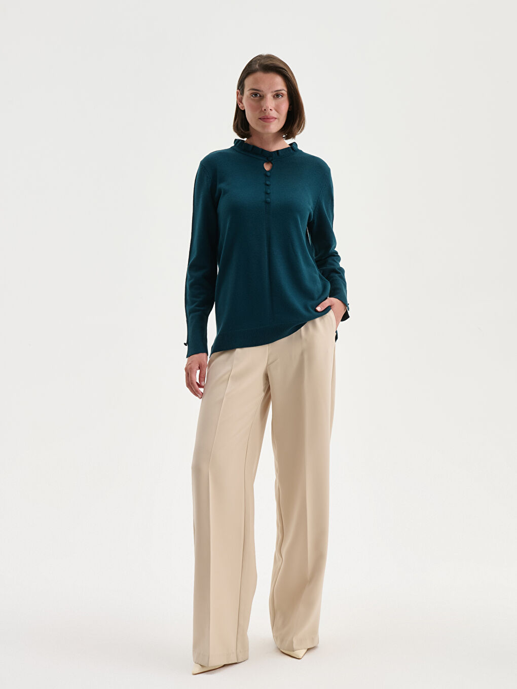 Ruffled Funnel Neck Women's Knitwear Sweater-2