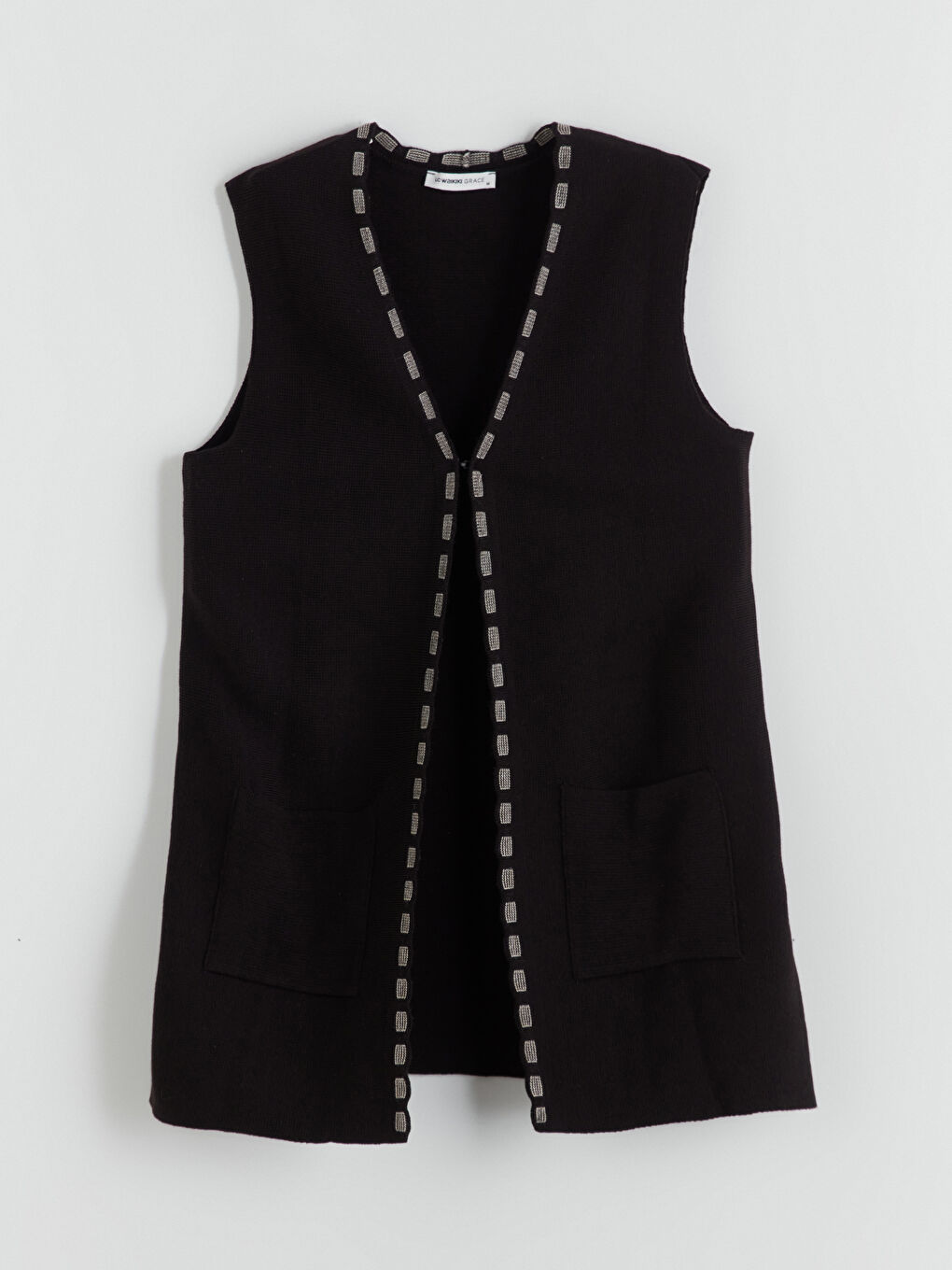 Siyah V Yaka Desenli Kadın Triko Yelek-4