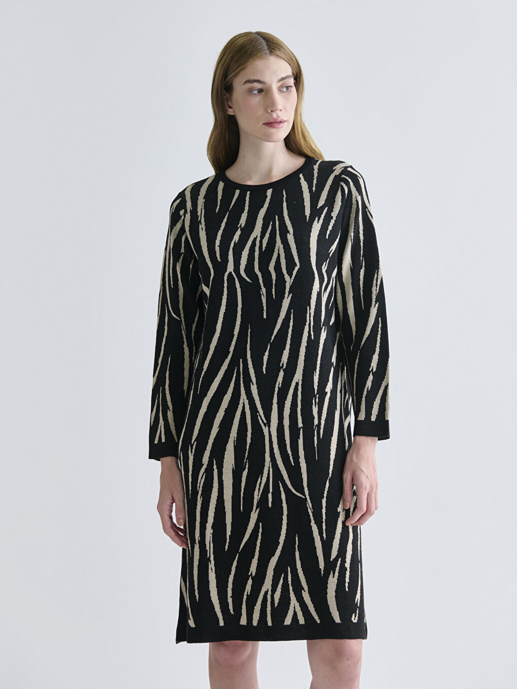Crew Neck Patterned Knitwear Dress