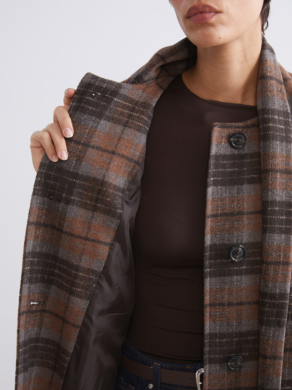 Kahverengi Atkılı Bisiklet Yaka Ekose Kadın Kaşe Kaban-5