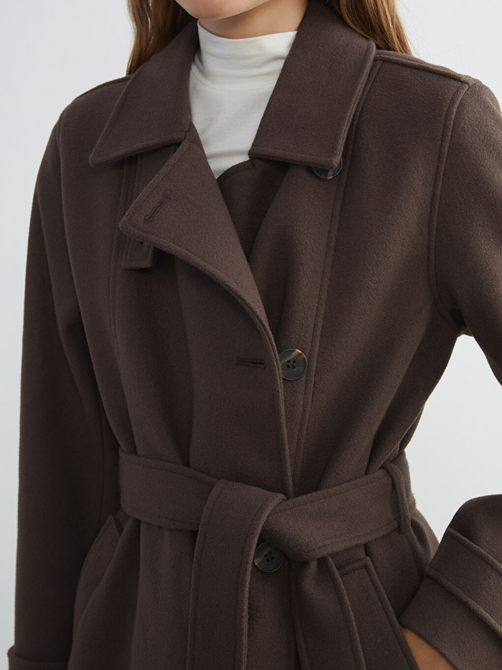 Kahverengi Beli Kuşaklı Kadın Kaşe Kaban-2