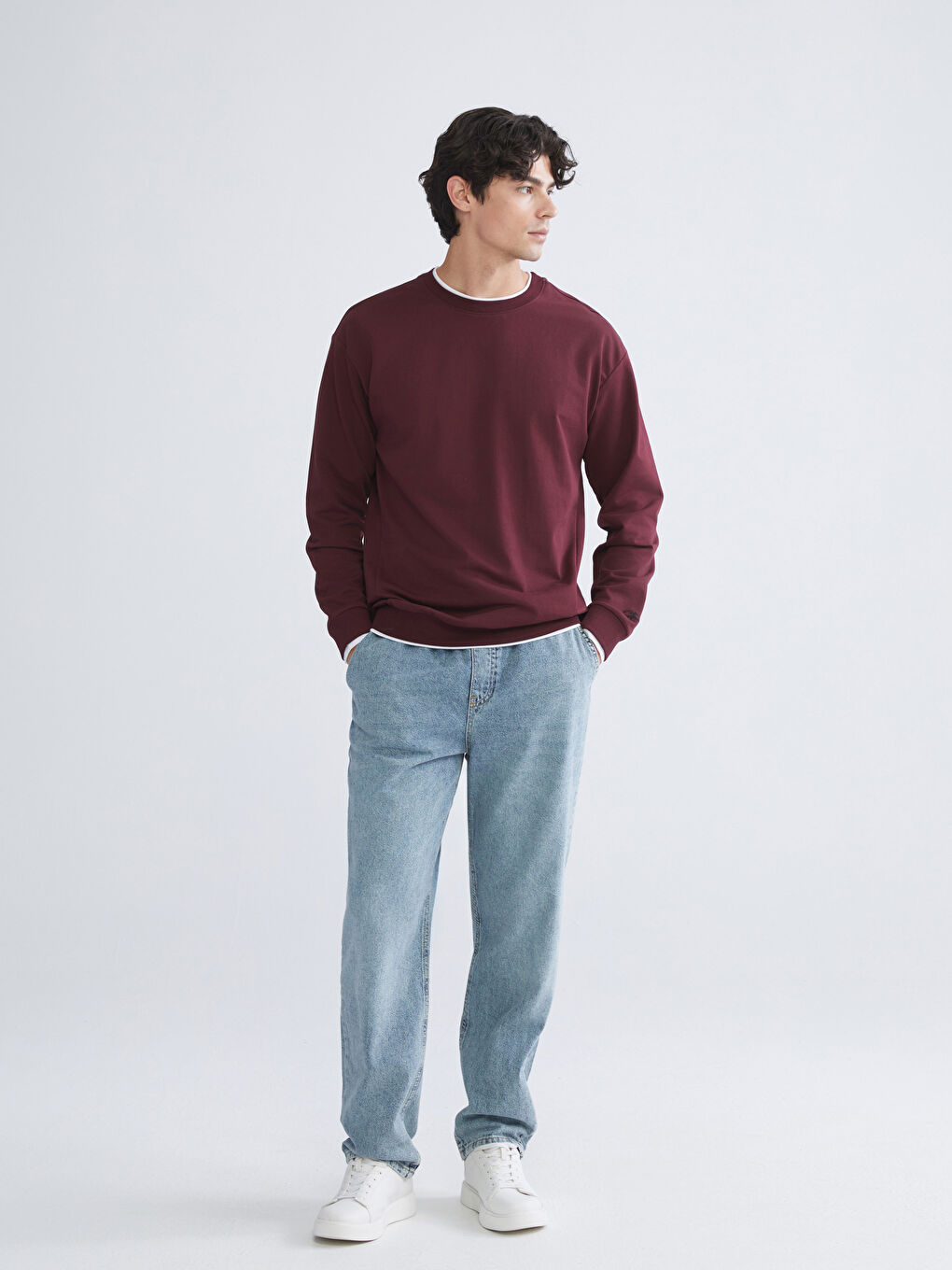 Bordo Bisiklet Yaka Erkek Sweatshirt-1
