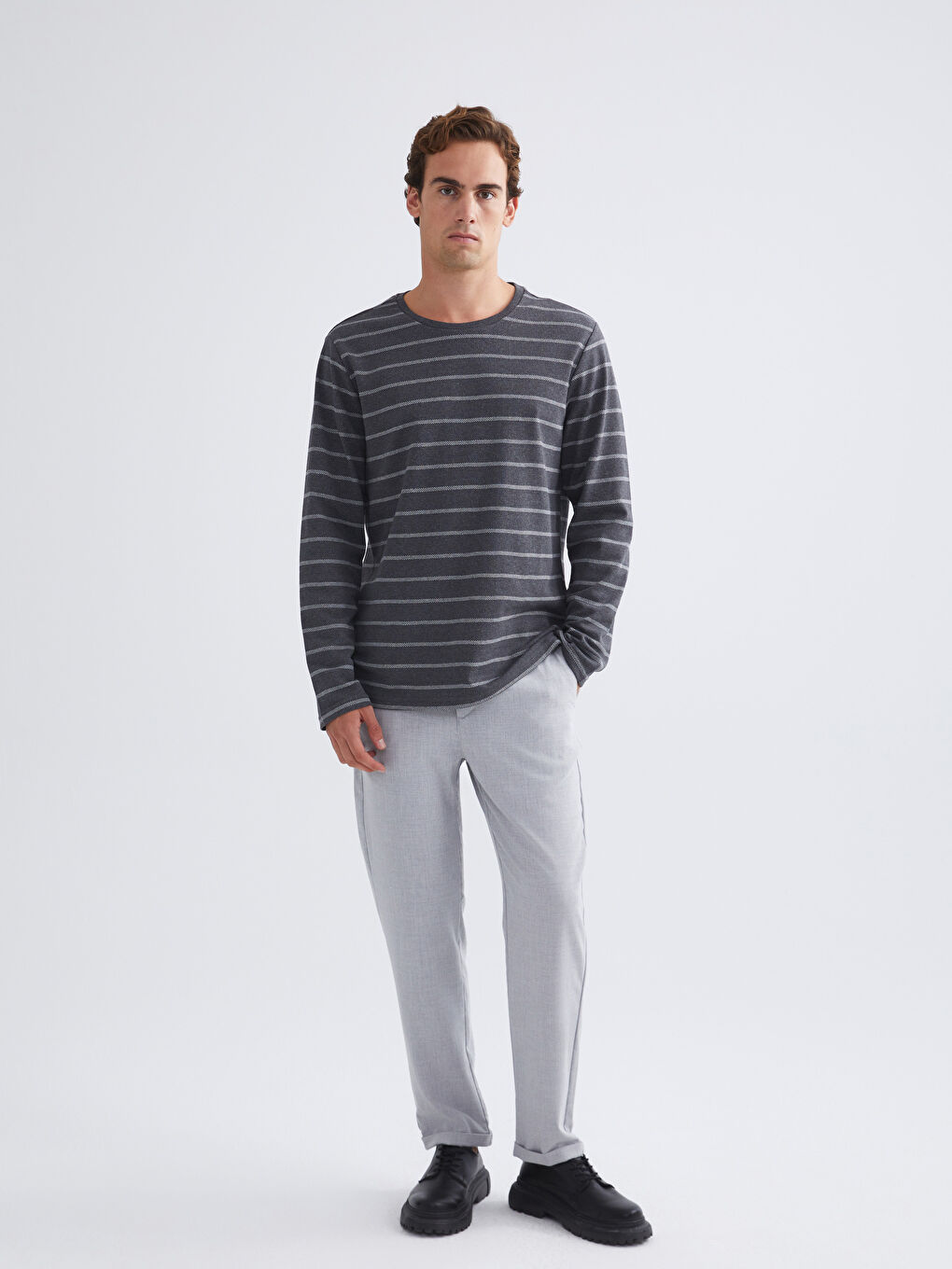 Antrasit Bisiklet Yaka Uzun Kollu Çizgili Erkek Tişört-1