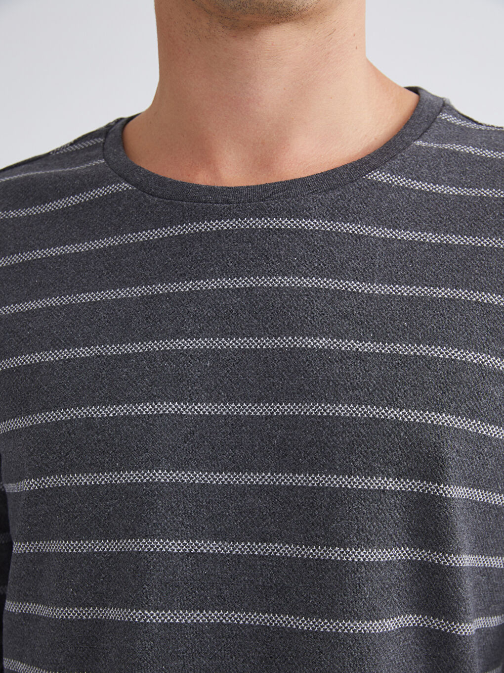 Antrasit Bisiklet Yaka Uzun Kollu Çizgili Erkek Tişört-2