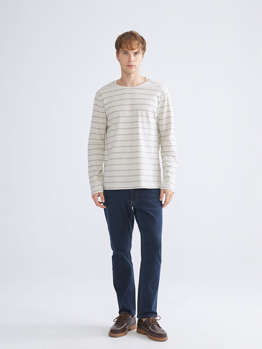 Bej Bisiklet Yaka Uzun Kollu Çizgili Erkek Tişört-1