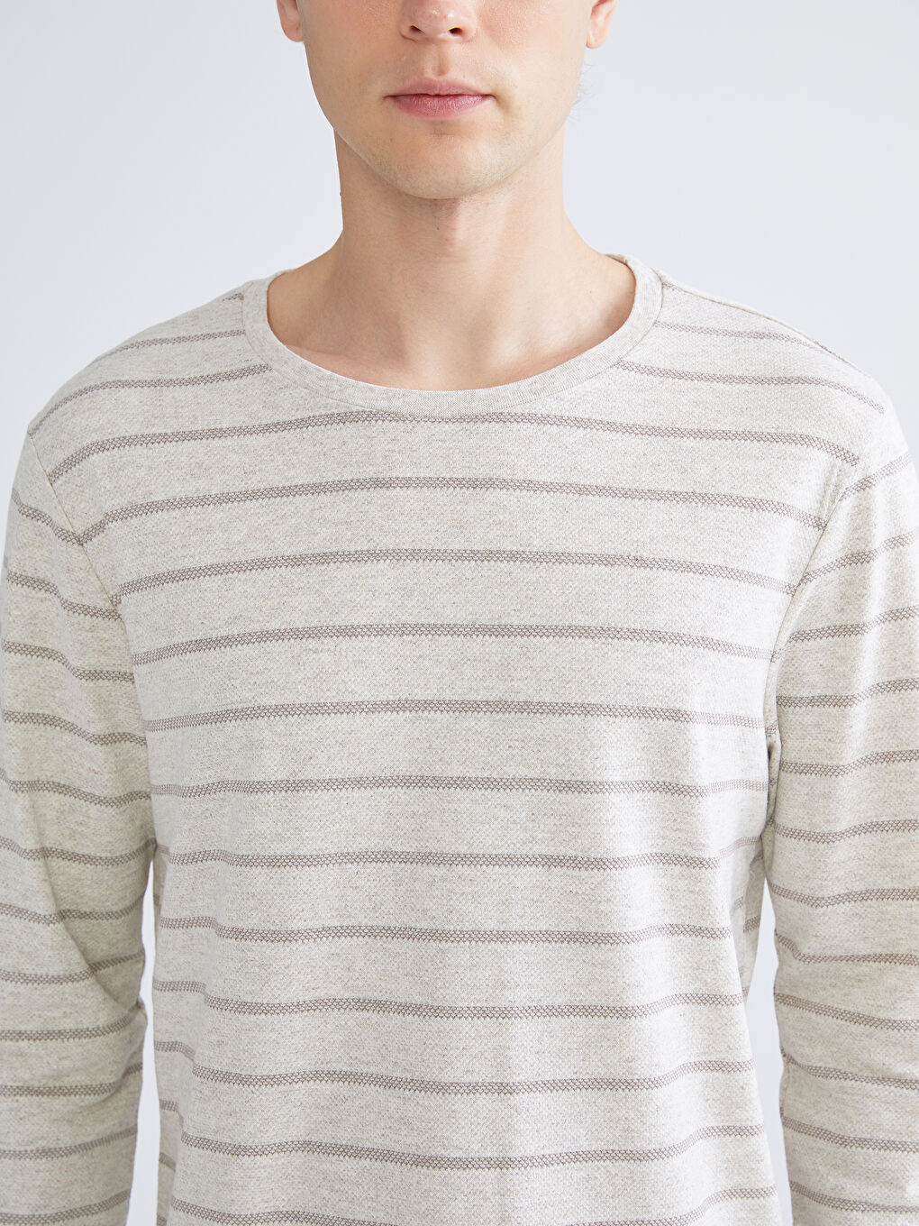 Bej Bisiklet Yaka Uzun Kollu Çizgili Erkek Tişört-2